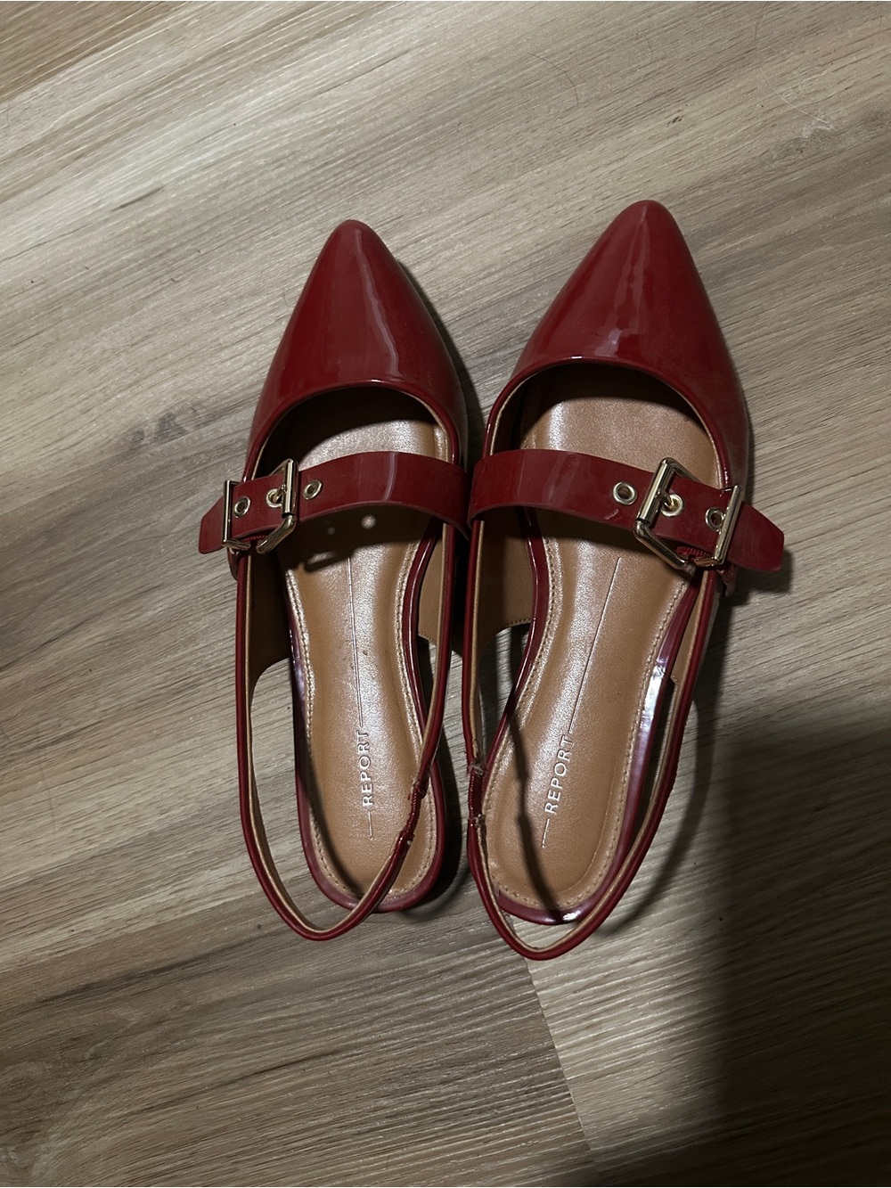 Report Red Patent Pointed Slingback Flats with Buckle Strap